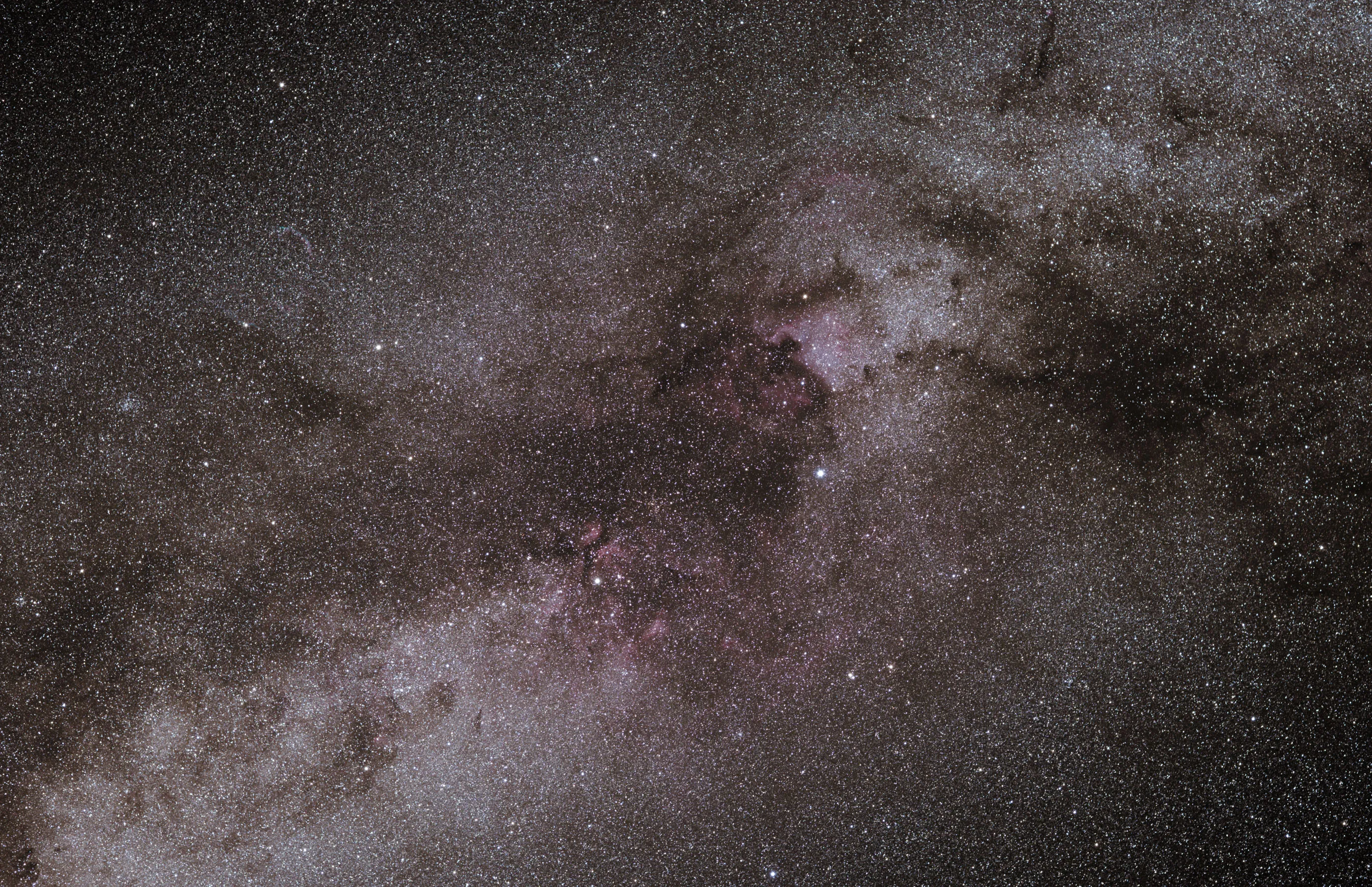 A dense field of stars with dark dust lanes and faint pink nebulae along the Milky Way