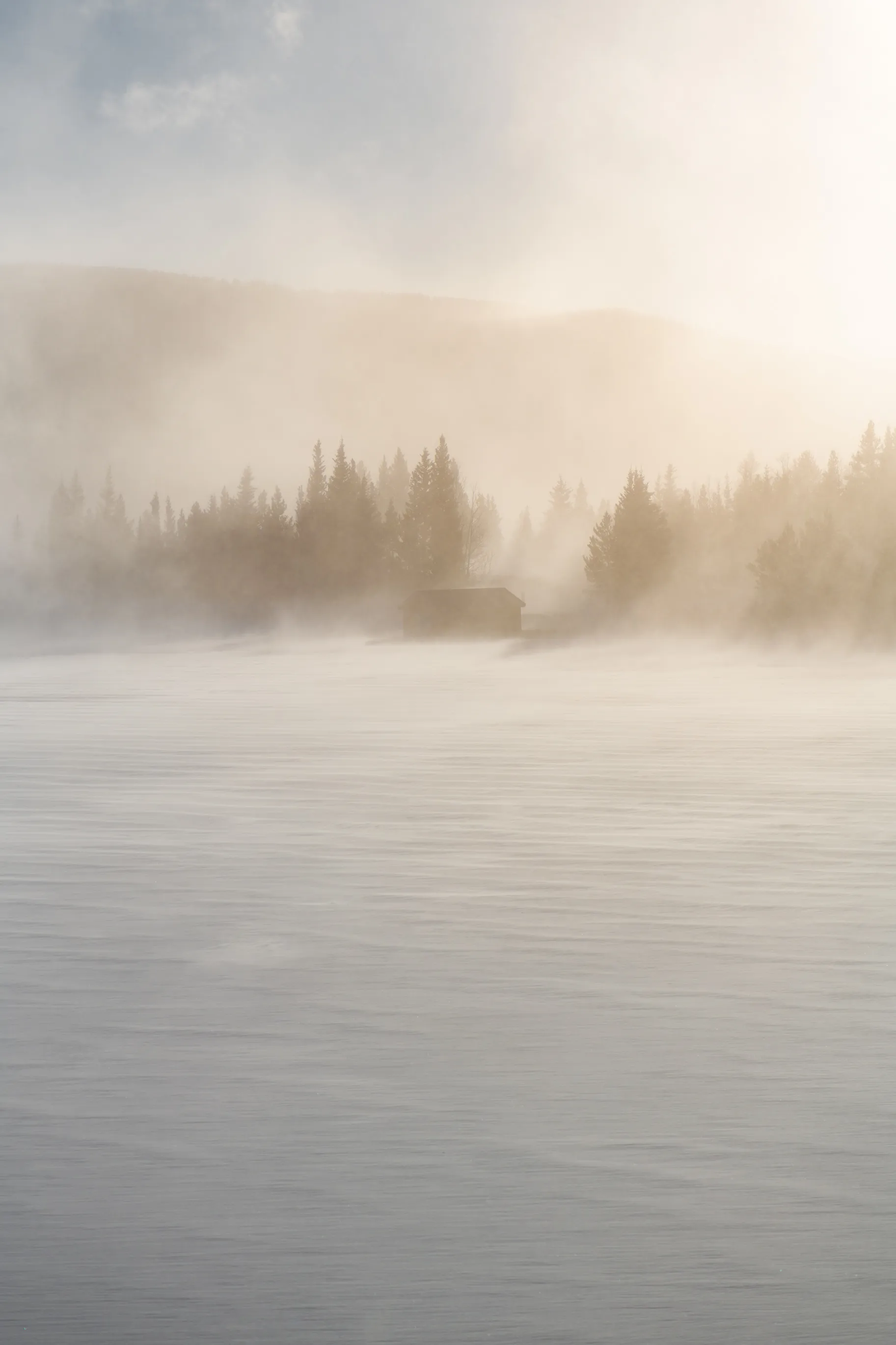Mist rising off a lake in soft morning light, a small cabin and evergreens fading into the fog