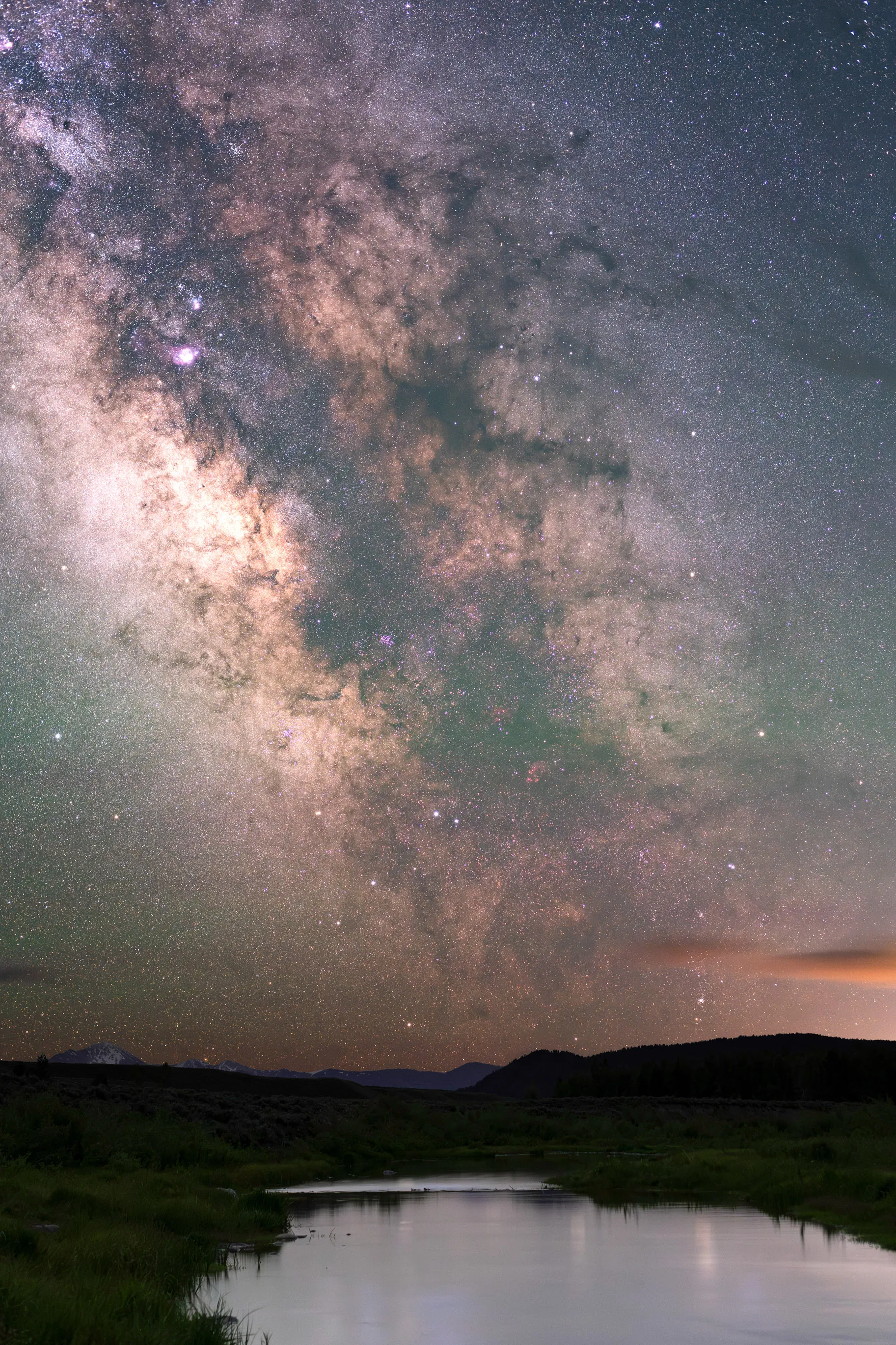 The Milky Way's dusty core rising above a small pond in a dark meadow, its light reflected in the water